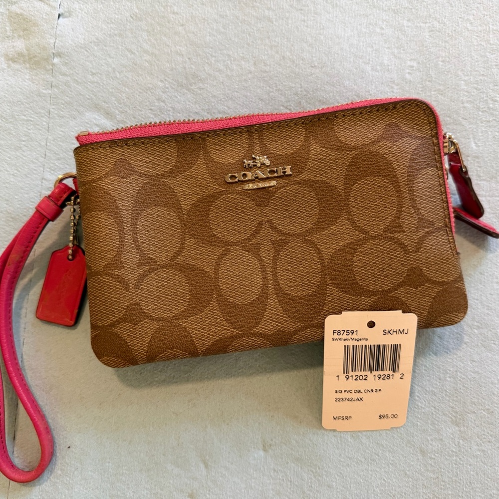 Coach Brown Signature Canvas Wristlet with Pink Trim